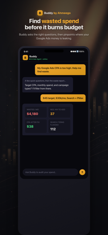 Buddy app finding $4,180 per month of wasted Google Ads spend with negative keyword recommendations