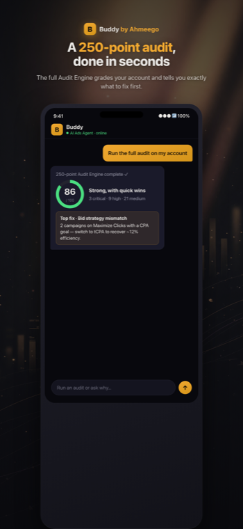 Buddy app running a 250-point Google Ads audit, scoring the account 86/100 with prioritized fixes