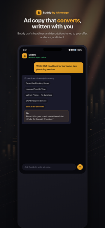 Buddy app drafting 15 RSA headlines and 4 descriptions for a same-day plumbing service