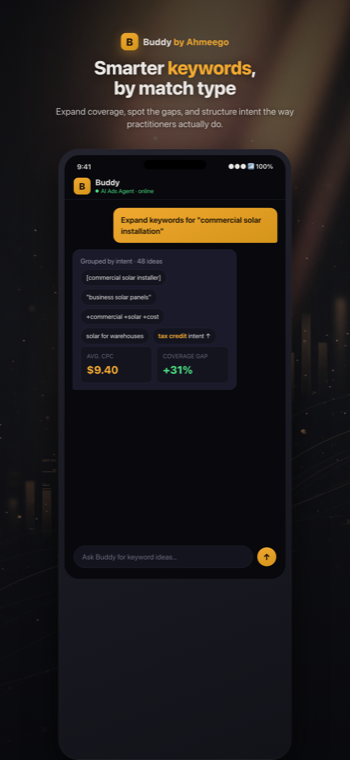 Buddy app expanding keywords by match type with CPC and coverage-gap estimates