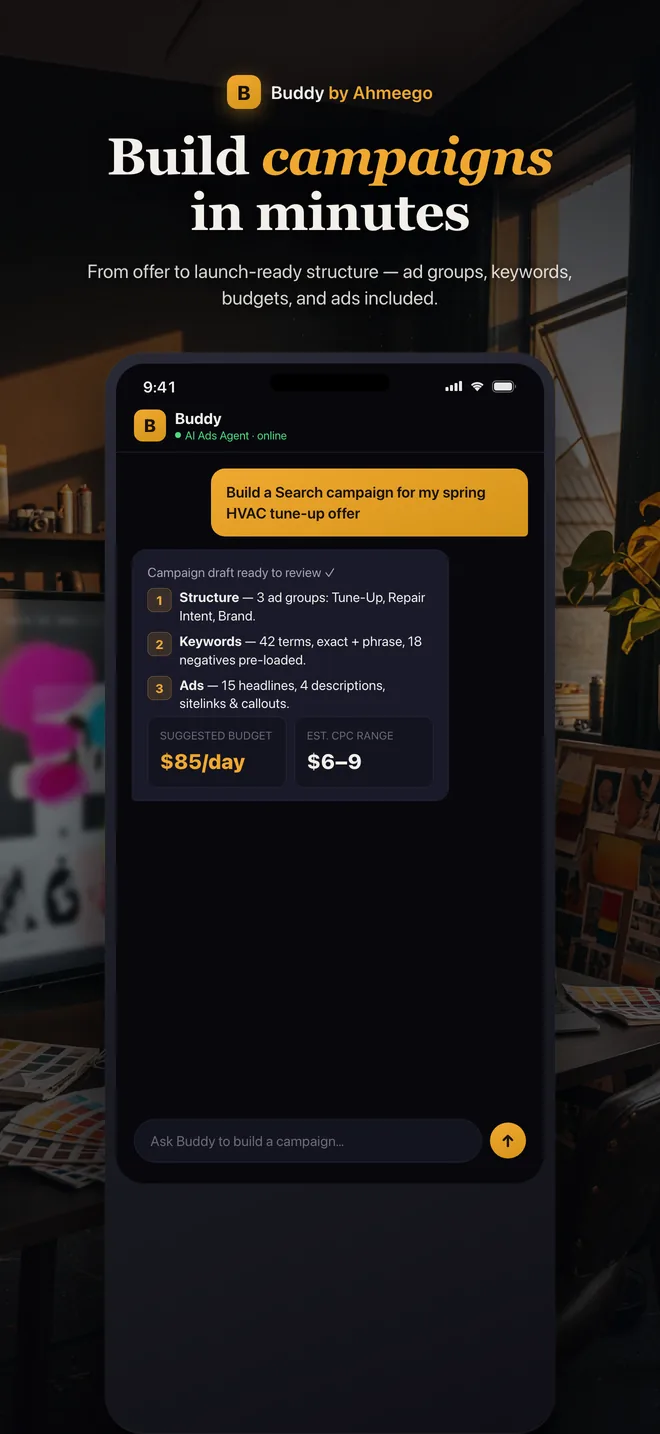 Buddy app building a launch-ready Google Ads Search campaign with ad groups, 42 keywords, 18 negatives, 15 headlines, and a suggested daily budget