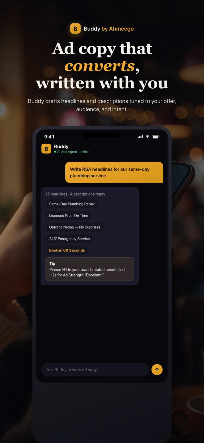 Buddy app drafting 15 RSA headlines and 4 descriptions for a plumbing service