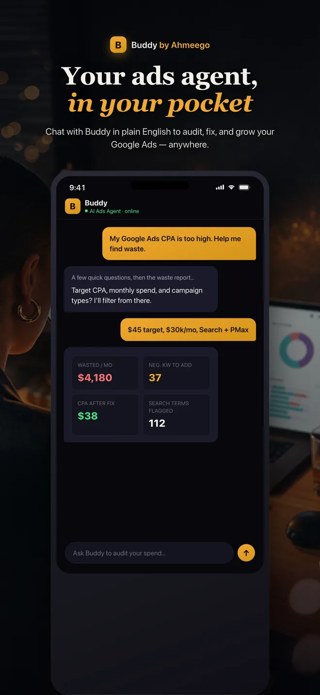 Buddy app finding $4,180/month of wasted Google Ads spend with negative keyword recommendations