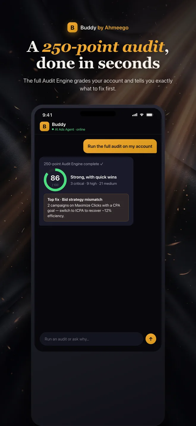 Buddy app running a 250-point Google Ads audit, scoring the account 86/100 with prioritized fixes