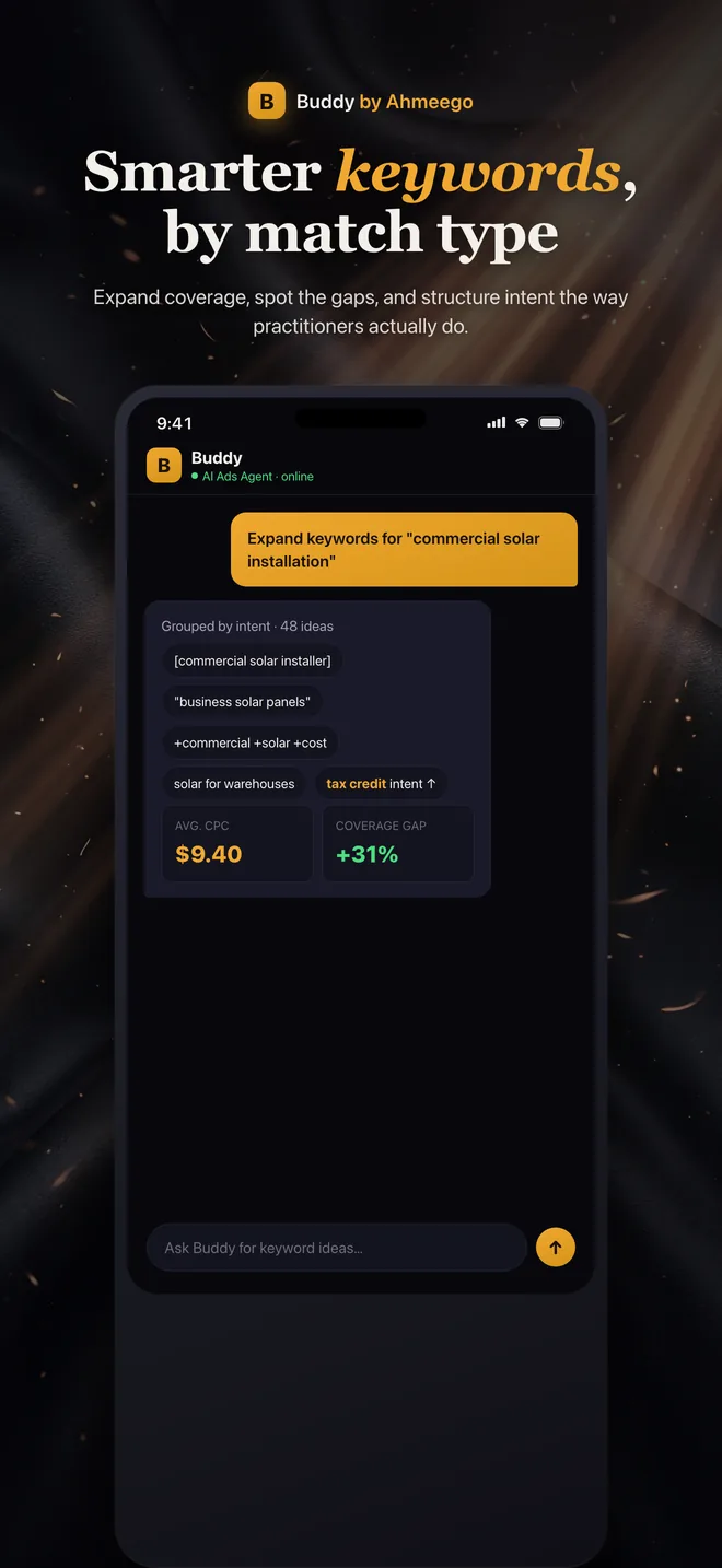 Buddy app expanding keywords by match type with CPC and coverage-gap estimates