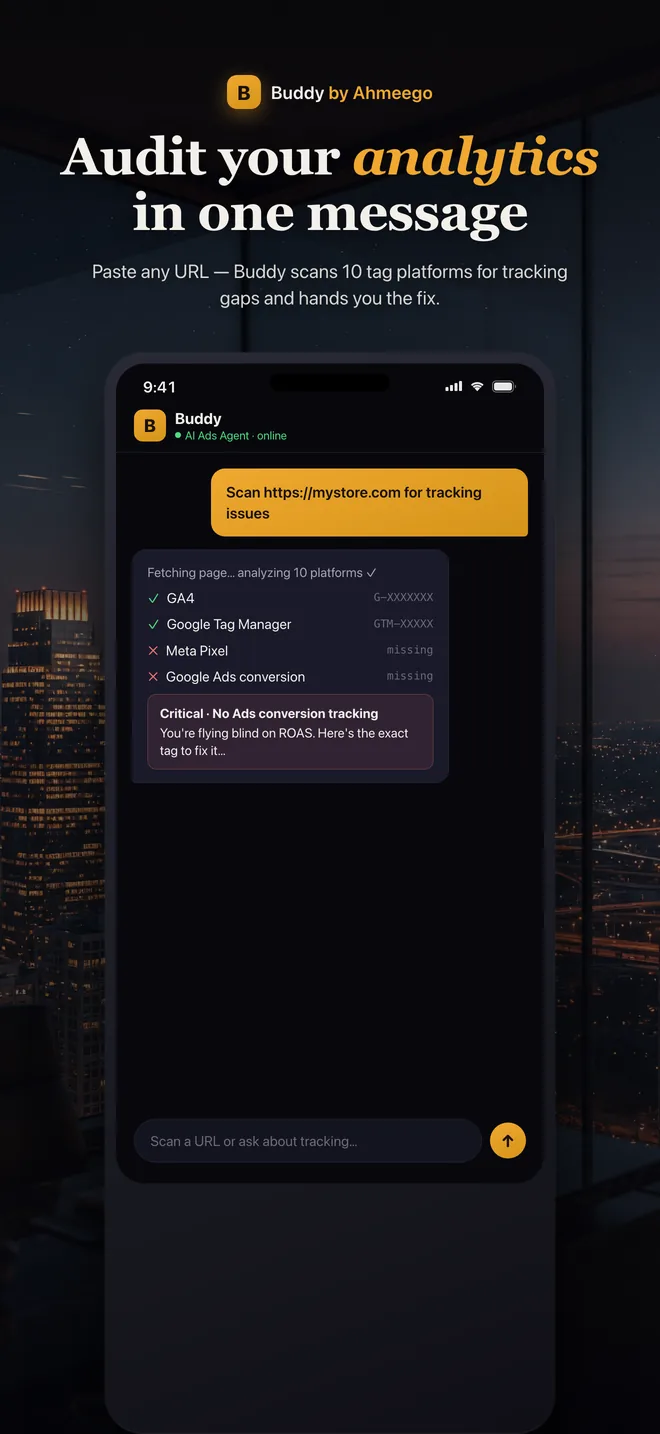 Buddy app scanning a URL for tracking gaps across 10 tag platforms including GA4, Google Tag Manager, and Meta Pixel