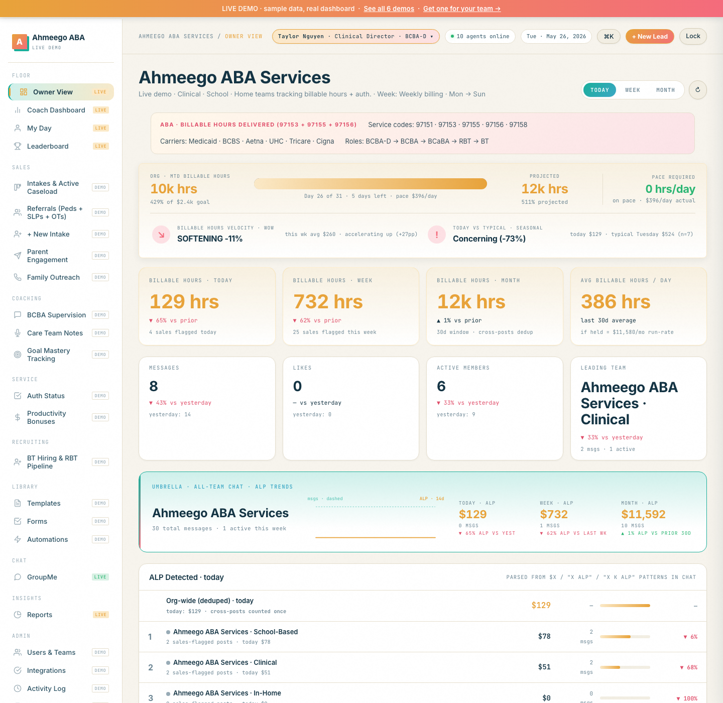 Ahmeego ABA live demo showing Billable Hours, Auth Status, BCBA Supervision, BT Hiring, Goal Mastery