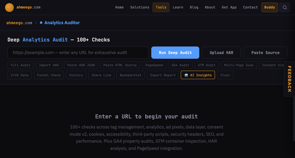 Marketing Analytics Auditor tool showing the Deep Analytics Audit interface with 100+ checks, a URL input, Run Deep Audit button, and feature buttons for HAR import, GA4 audit, GTM audit, multi-page scan, consent simulation, and AI insights