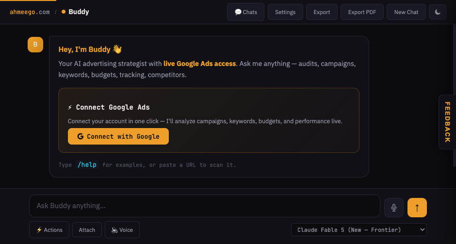 Buddy chat interface in dark mode with Claude Fable 5 selected in the model picker, showing the amber-on-dark theme, welcome message, and Connect Google Ads card
