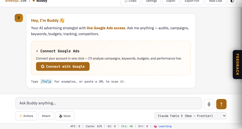 Buddy chat interface with the model picker set to Claude Fable 5 (New — Frontier), showing the welcome message, Connect Google Ads card, and the message composer