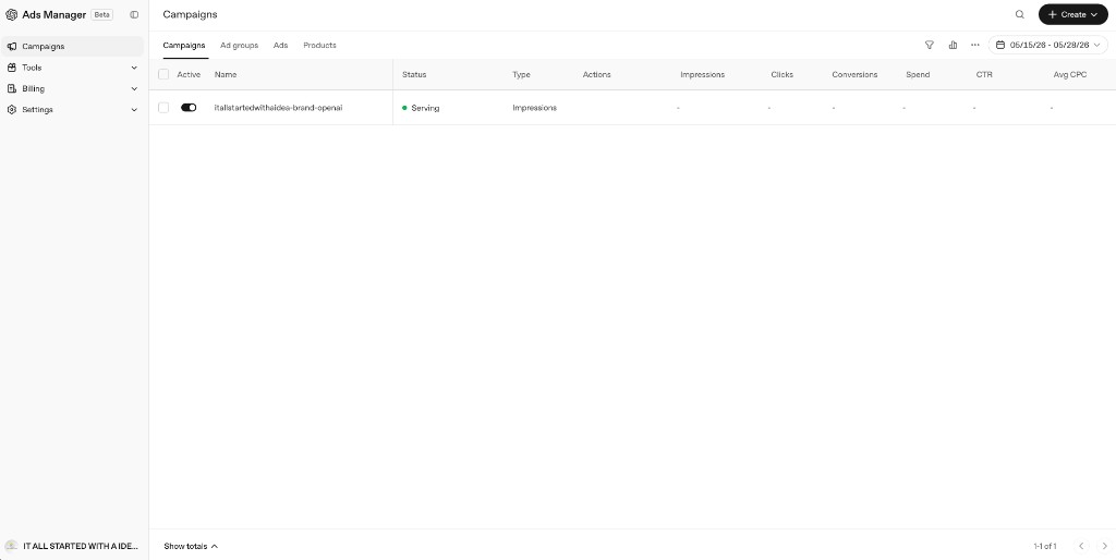 OpenAI Ads Manager Beta Campaigns tab showing one campaign named itallstartedwithaidea-brand-openai with a green Serving status and an Impressions type