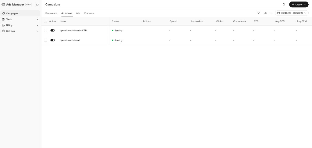 OpenAI Ads Manager Beta Ad groups tab showing two ad groups named openai-reach-brand-hCPM and openai-reach-brand, both with a green Serving status