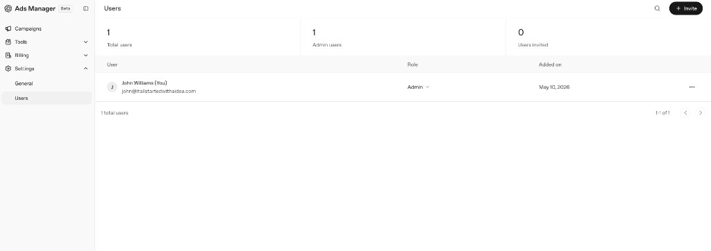 OpenAI Ads Manager Beta Users settings page showing one total user, John Williams, with an Admin role, added on May 10, 2026