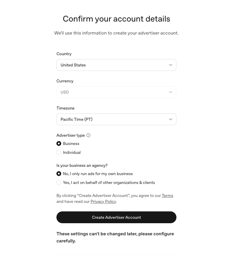 OpenAI Ads Manager Beta — Confirm your account details with Country (United States), Currency (USD), Timezone (Pacific Time PT), Advertiser type (Business), and the agency question answered No