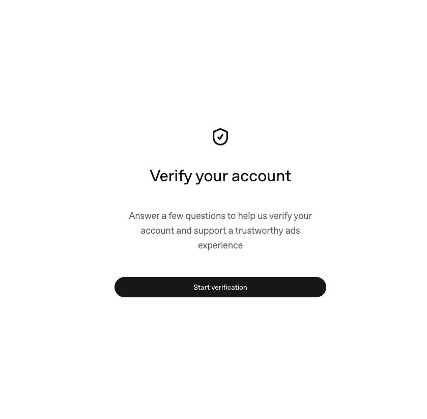 OpenAI Ads Manager Beta — Verify your business to start running ads modal with three bullets: Start running ads after verification, Quick and easy, Secure review handled through Persona, plus Begin Verifying button