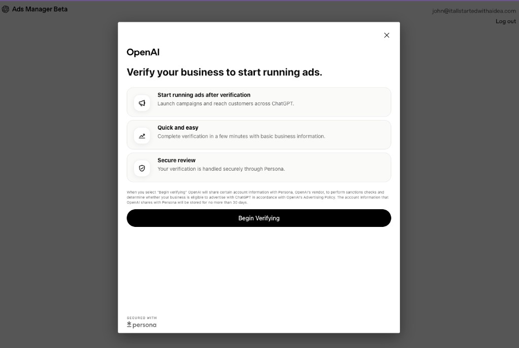 OpenAI verification screen with shield icon and the headline Verify your account followed by a Start verification button