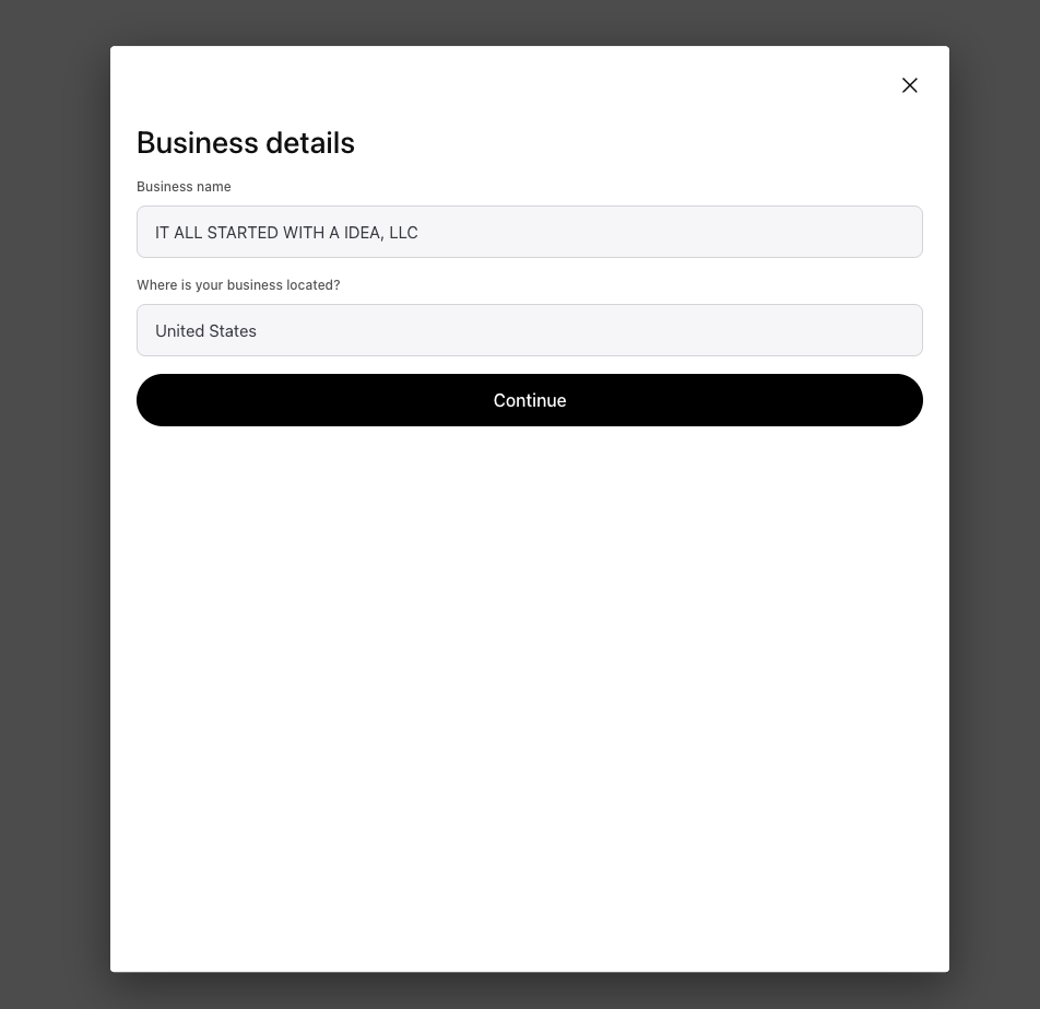 Persona business details modal with the business name IT ALL STARTED WITH A IDEA, LLC pre-filled and a Where is your business located dropdown set to United States