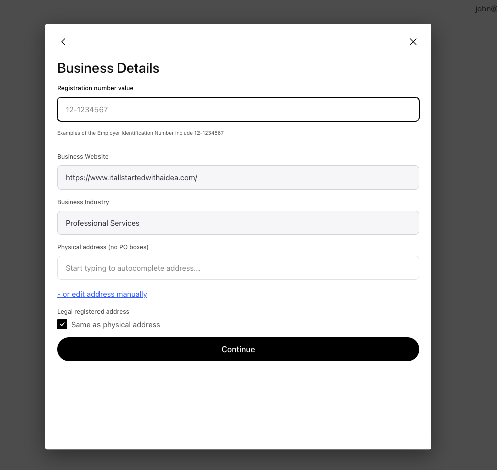 Persona Business Details form with Registration number value field, Business Website (https://www.itallstartedwithaidea.com/), Business Industry (Professional Services), Physical address autocomplete, and a checkbox marked Legal registered address Same as physical address