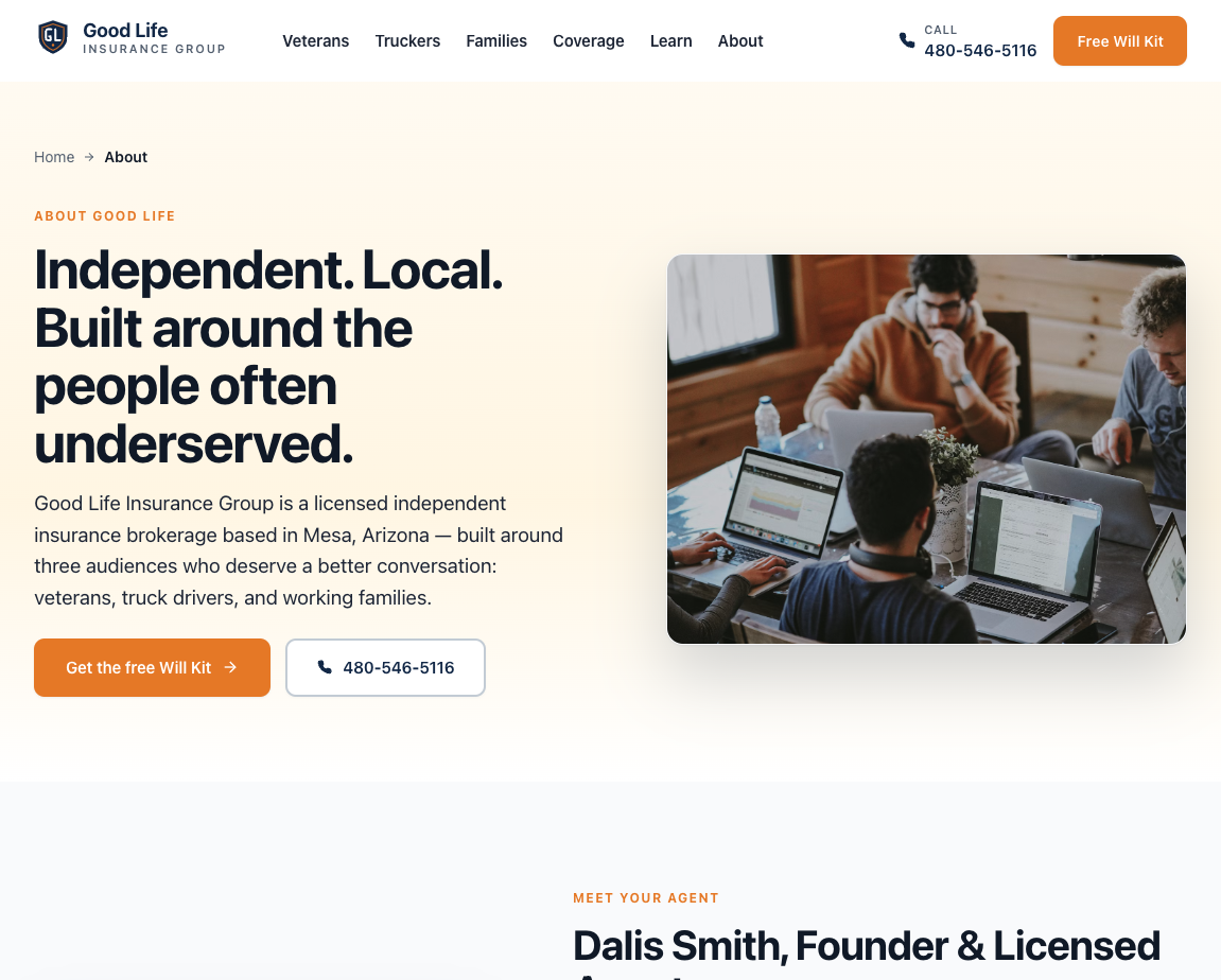 Good Life Insurance Group About page hero with the headline Independent. Local. Built around the people often underserved, a workspace photograph showing three people collaborating on laptops, and breadcrumb navigation
