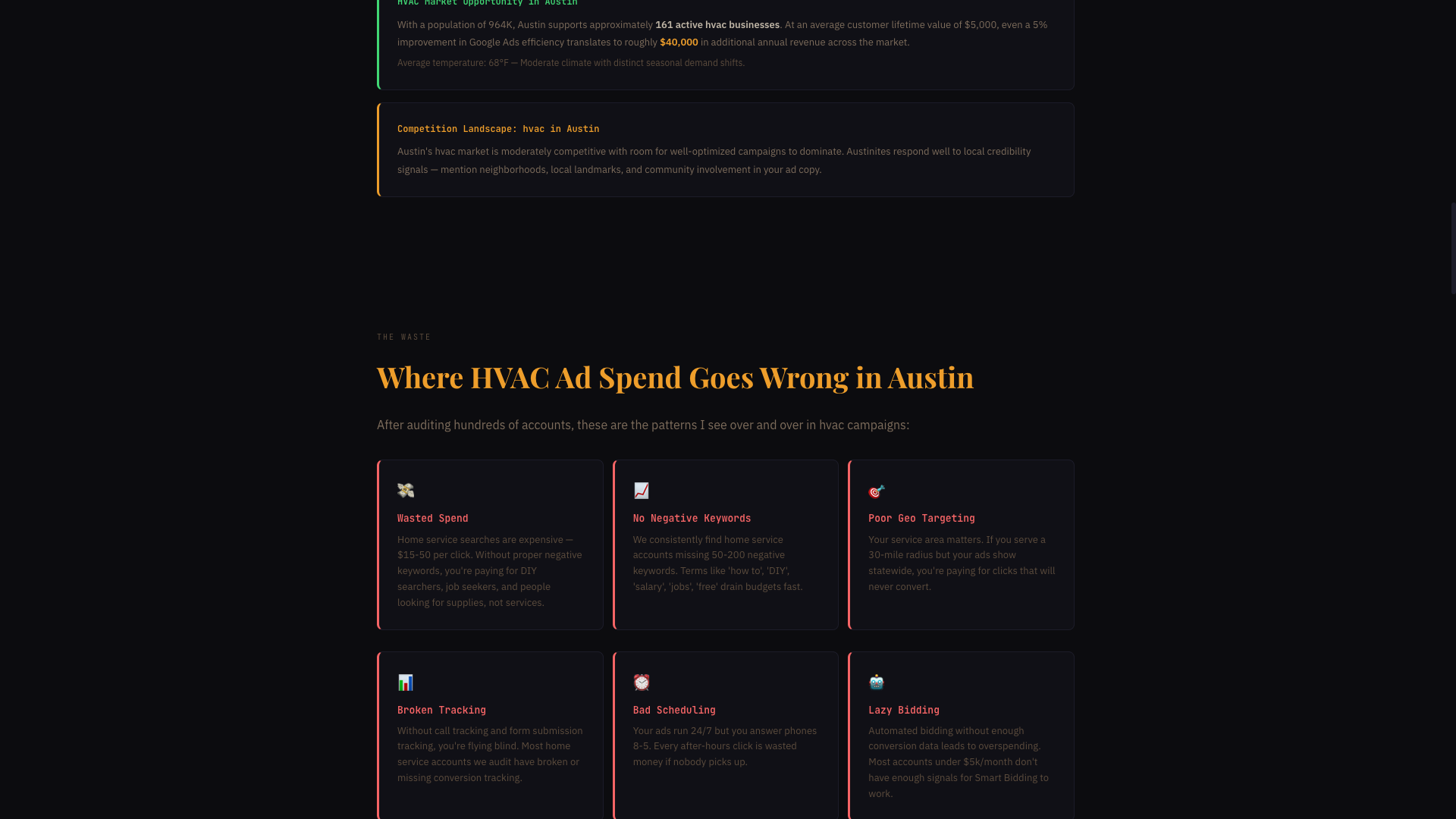 Service page market intelligence and the six-card breakdown of where ad spend goes wrong