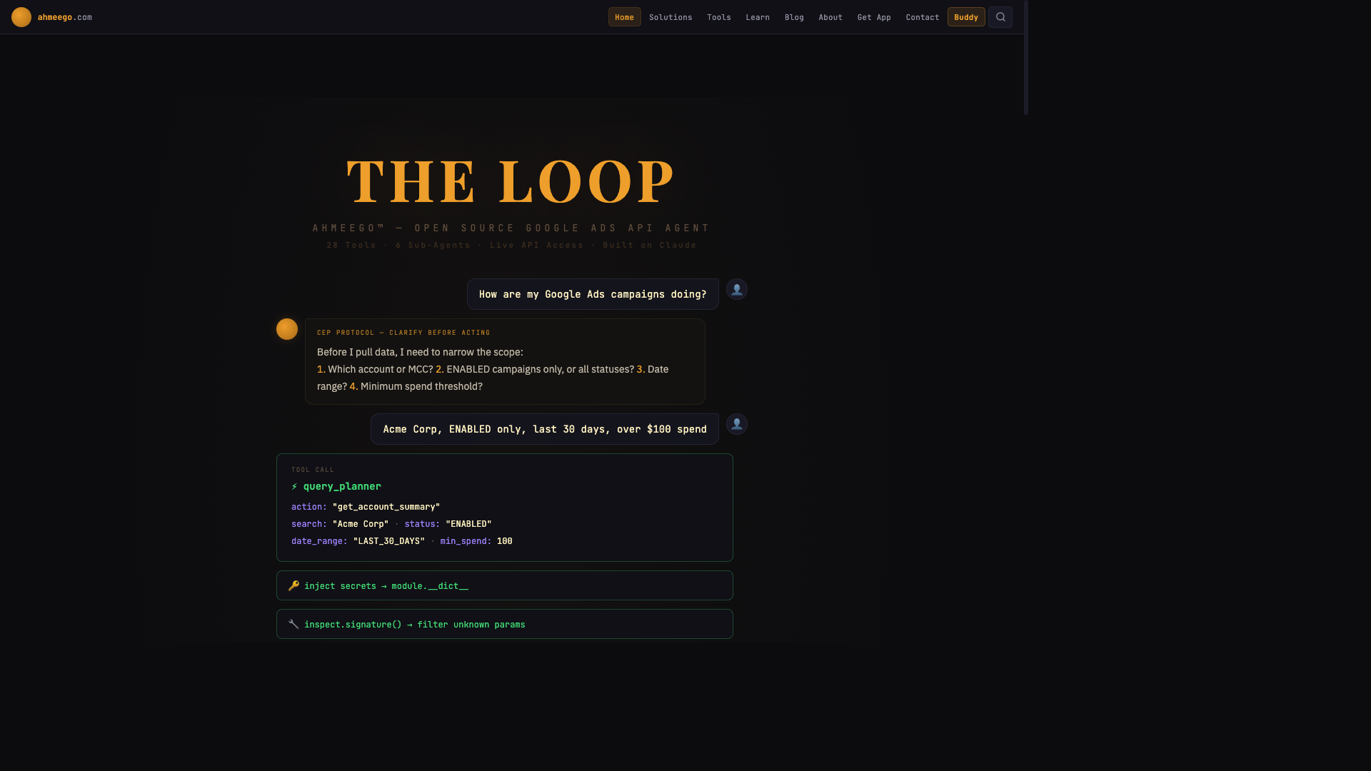 ahmeego.com homepage showing The Loop hero and a live Buddy conversation