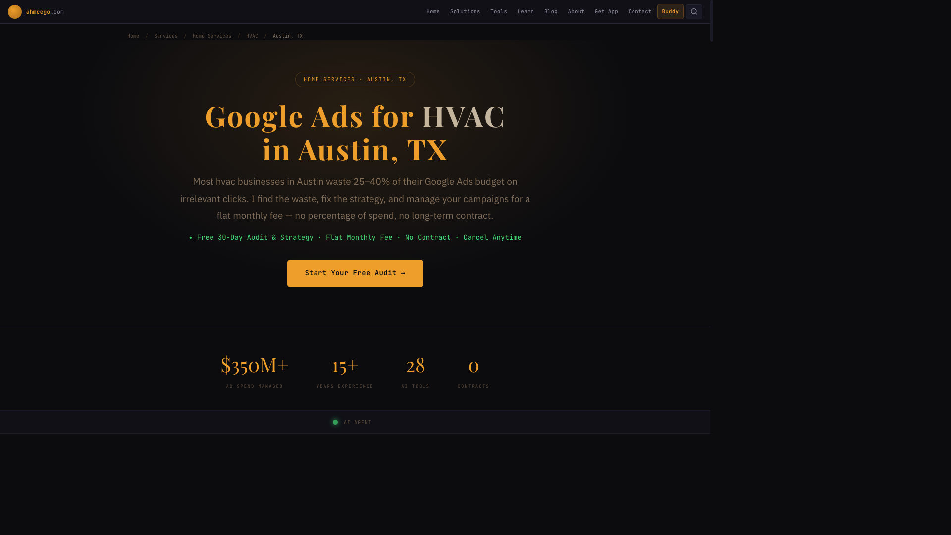 Localized service page headline for HVAC Google Ads in Austin, TX with an E-E-A-T statistics bar