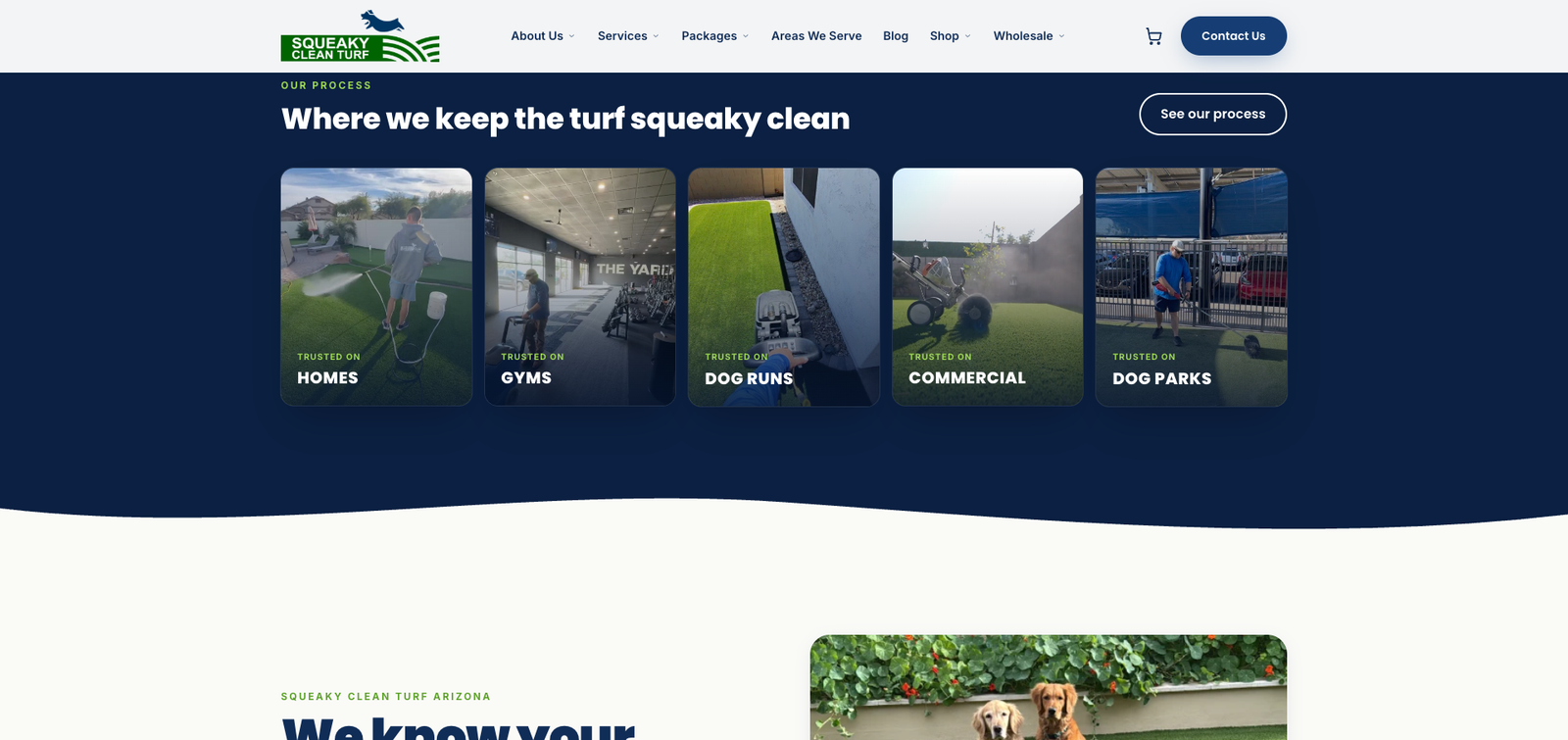 The live Squeaky Clean Turf homepage on the new Astro stack, showing the 'Where we keep the turf squeaky clean' process section with Trusted On tiles for homes, gyms, dog runs, commercial, and dog parks