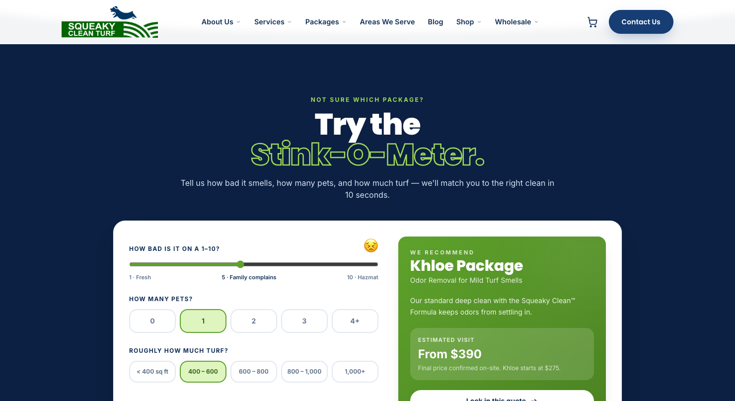 The Stink-O-Meter interactive estimator on squeakycleanturf.com, with sliders for smell severity, pet count, and turf square footage, recommending the Khloe Package with an estimated visit price from $390