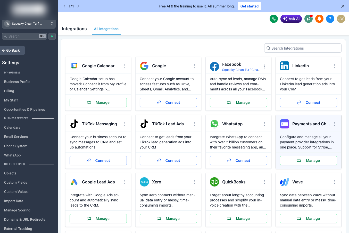 GoHighLevel integrations page for the Squeaky Clean Turf sub-account showing connected and available channels including Facebook, Google, TikTok, WhatsApp, and QuickBooks