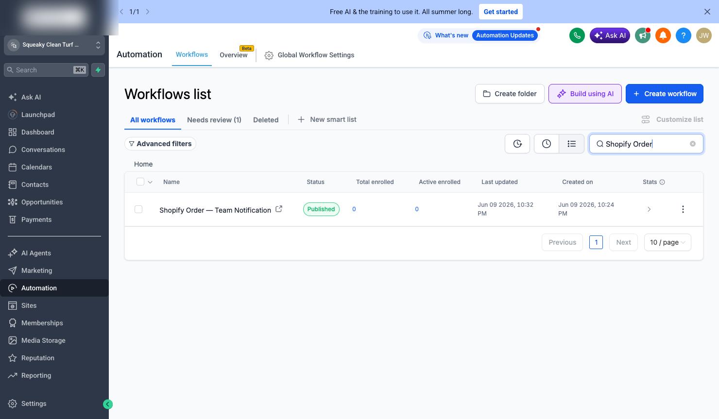 GoHighLevel workflows list showing the new 'Shopify Order — Team Notification' workflow with Published status