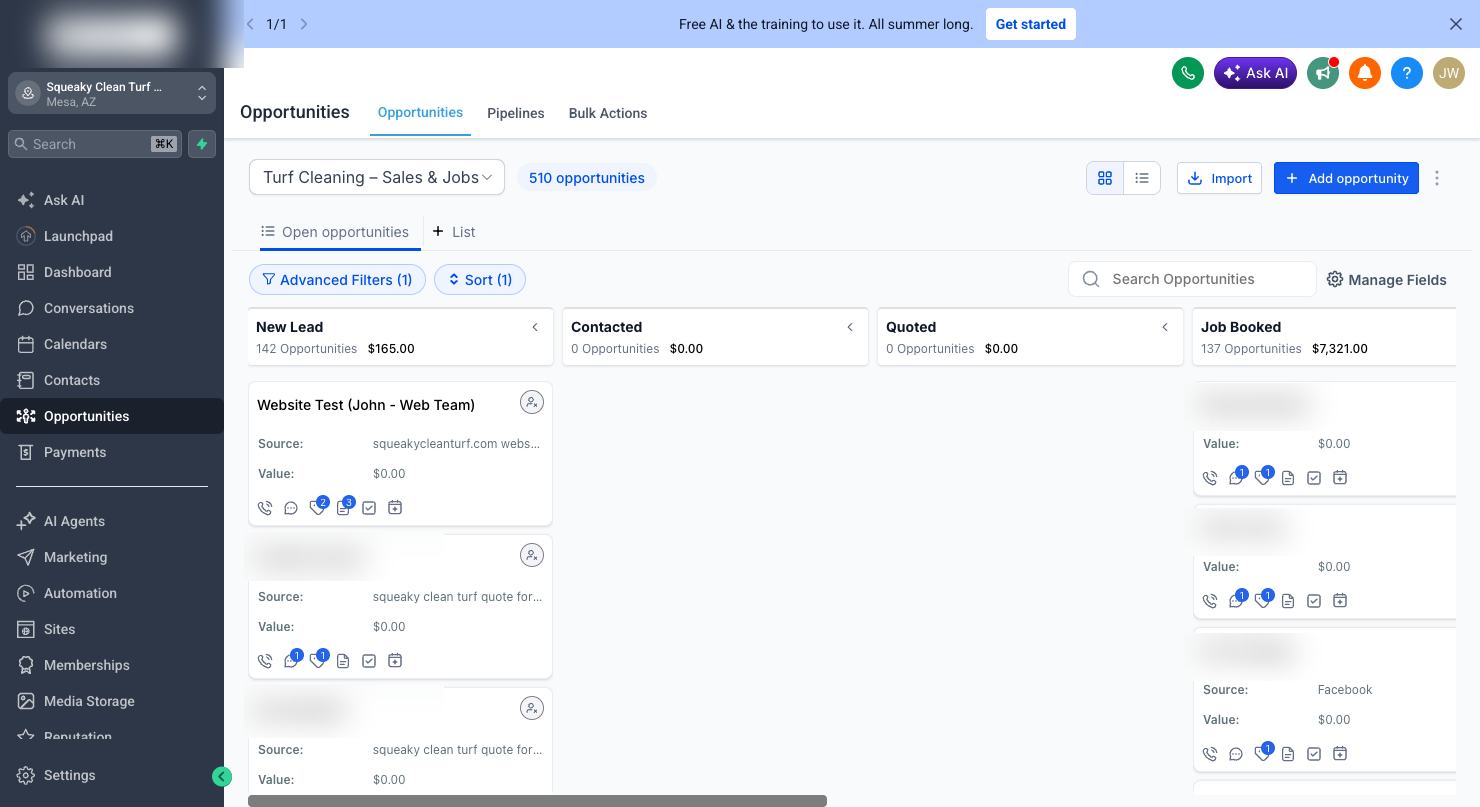 The GoHighLevel sales pipeline board with a live test lead labeled Website Test sitting in the New Lead stage, customer names blurred for privacy