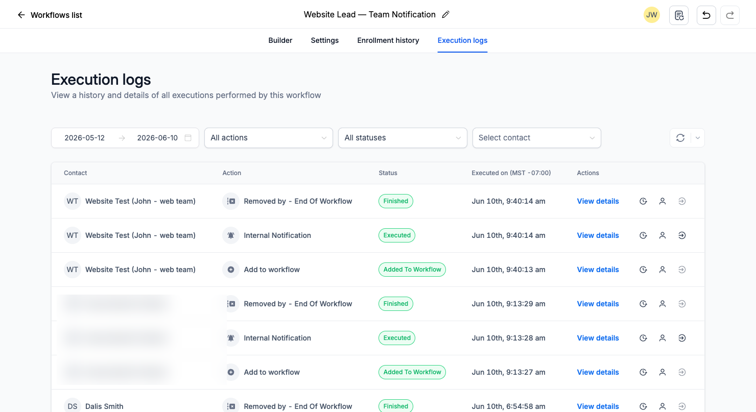 GoHighLevel execution logs for the Website Lead workflow showing the test contact moving through Add to Workflow, Internal Notification (Executed), and End of Workflow (Finished), with a real lead's name blurred
