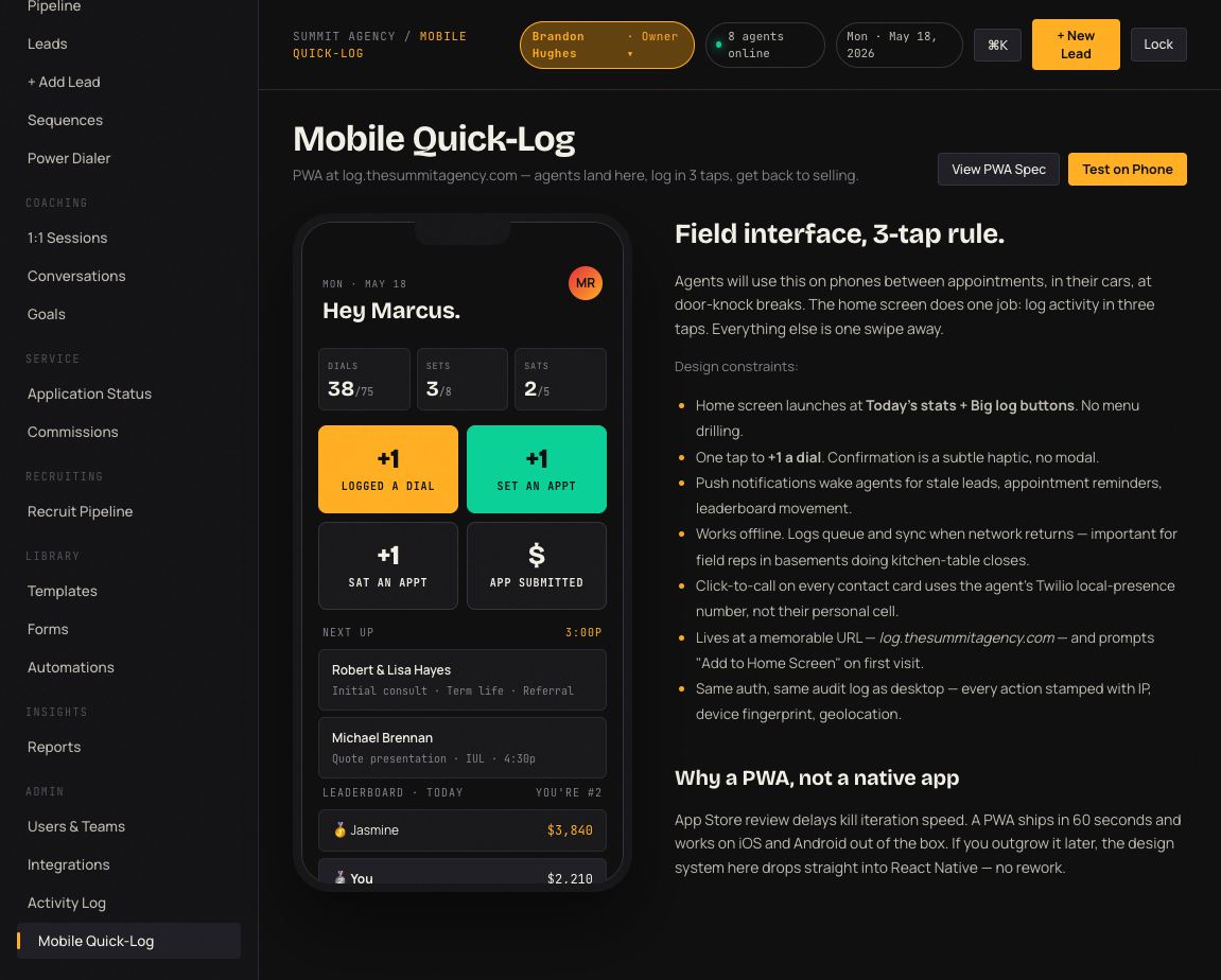 Summit Tracker Mobile Quick-Log mockup showing a phone-frame preview of the Hey Marcus screen with Today's Dials 38 of 75, Sets 3 of 8, Sats 2 of 5, four large +1 logging buttons (Logged a Dial, Set an Appt, Sat an Appt, App Submitted), a Next Up appointment list, and a leaderboard mini-card showing Jasmine at $3,840 and You (Marcus) at $2,210